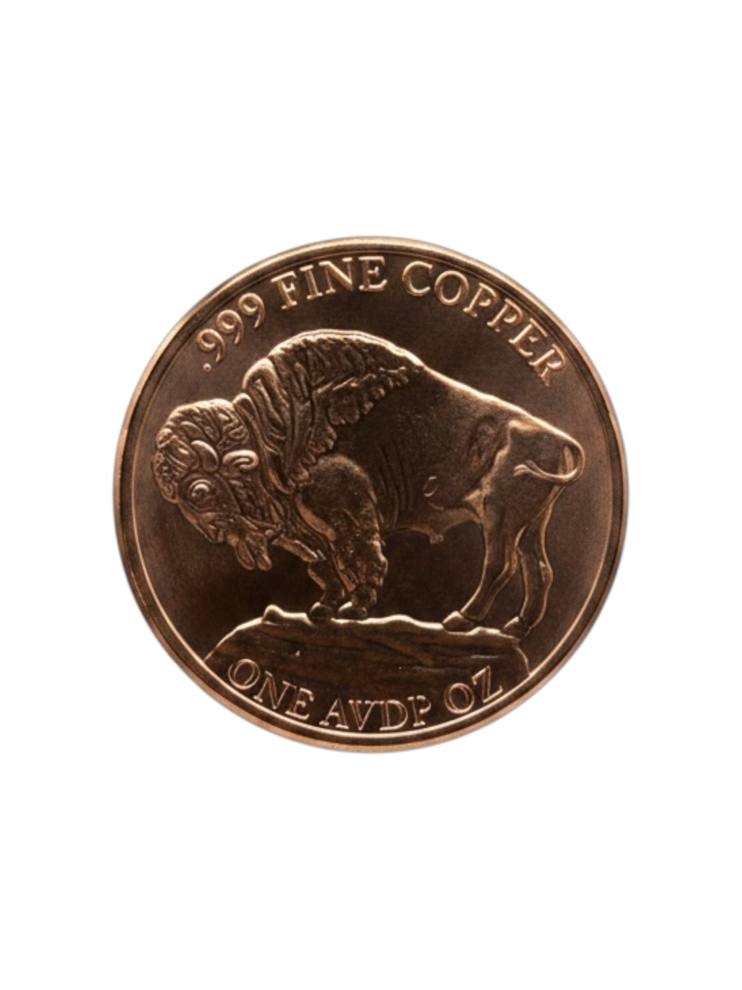 1 oz buffalo copper round reverse featuring american bison design with .999 fine copper and one avdp ounce markings