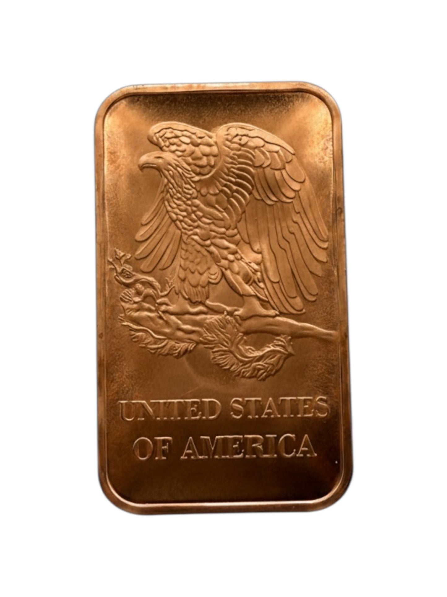 1 oz copper bullion bar reverse featuring american eagle and united states of america design
