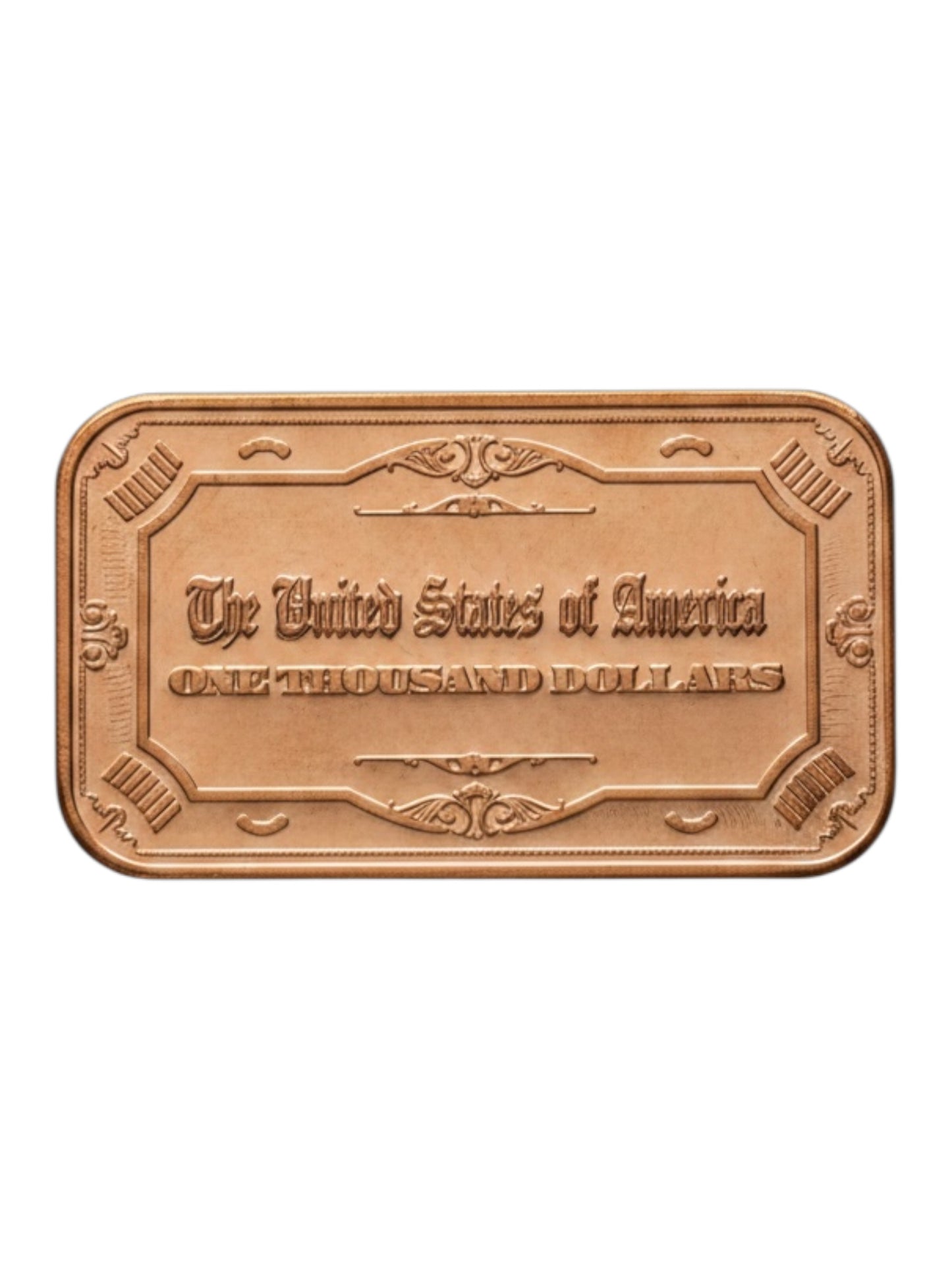1 oz copper bullion bar reverse featuring historic treasury note style engraving and portrait design