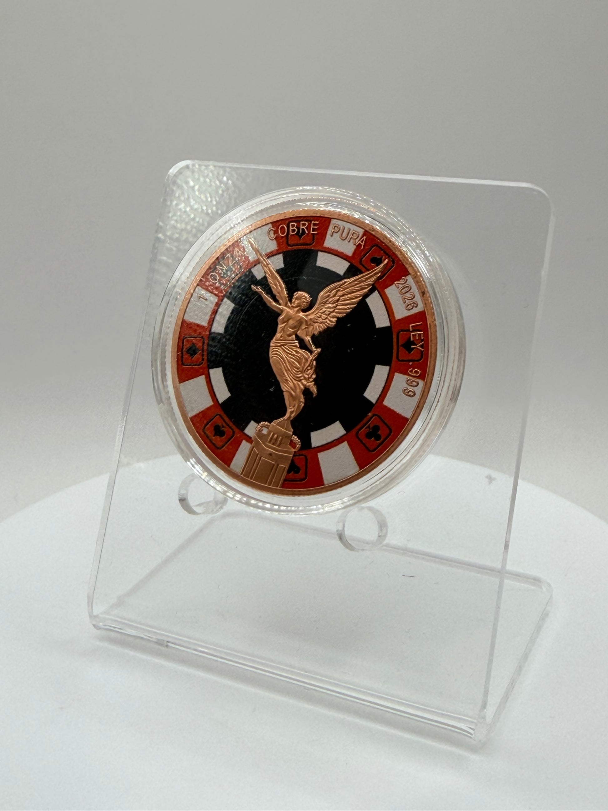 Mexican inspired copper round with red black casino chip design