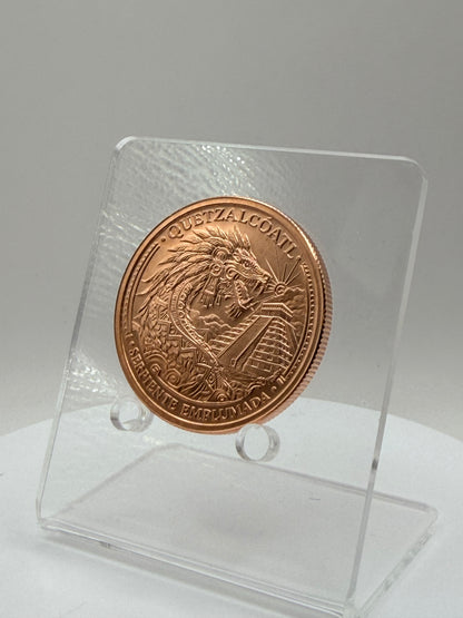 Quetzalcóatl copper round with pyramid design in capsule