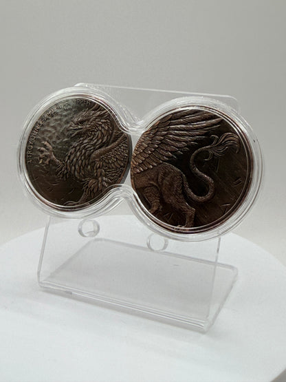 2 oz total copper bullion display featuring fantasy Griffin artwork