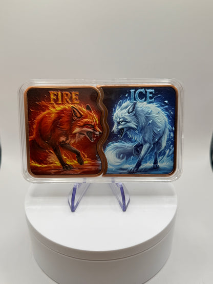 Colorized copper bullion bar featuring fire wolf and ice wolf artwork