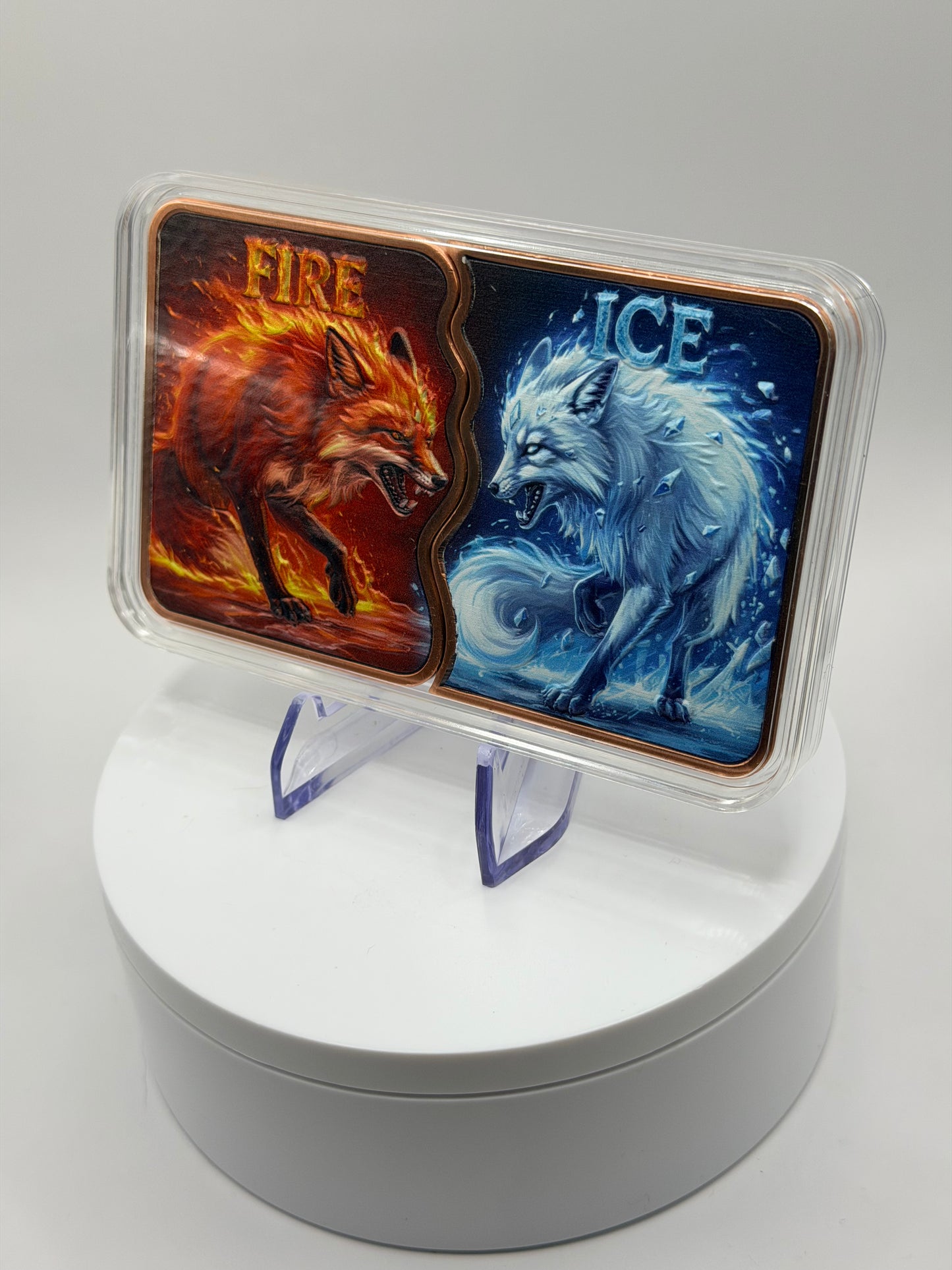 10 oz copper collectible bar with dual elemental wolf design