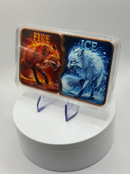 10 oz copper collectible bar with dual elemental wolf design