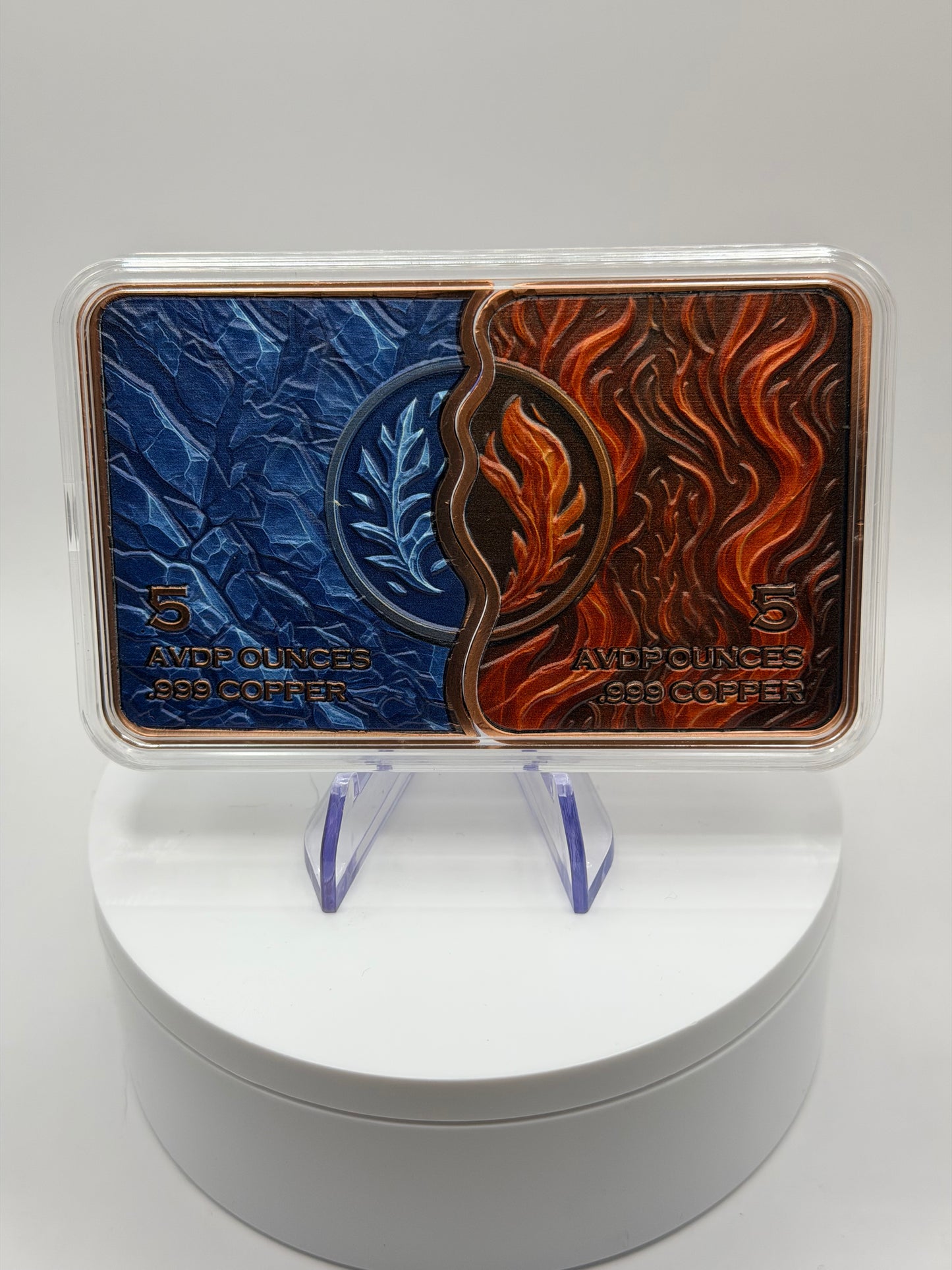 fire and ice themed .999 fine copper bar for bullion collectors