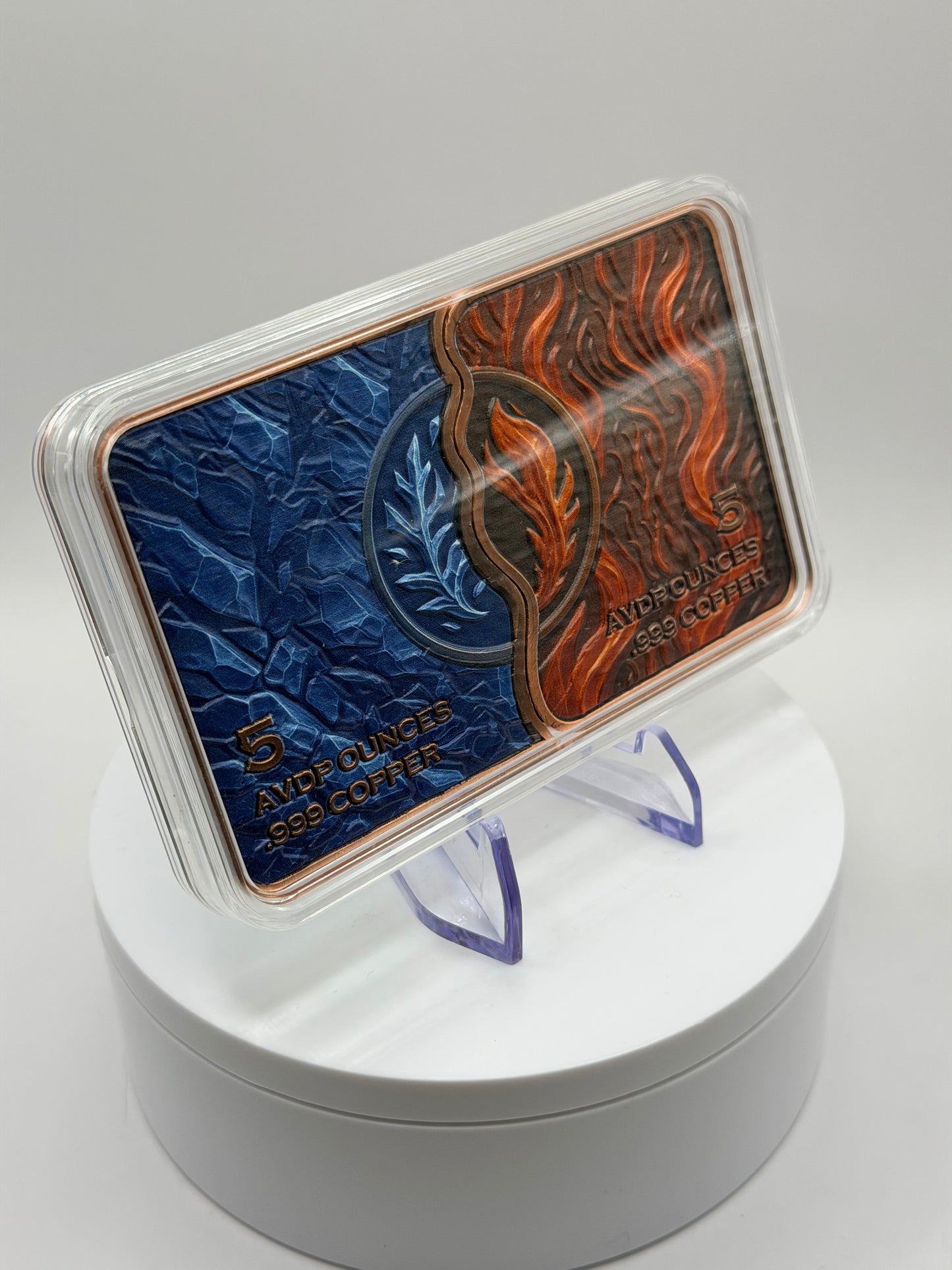 collectible 10 oz .999 copper bullion bar with fire and ice design