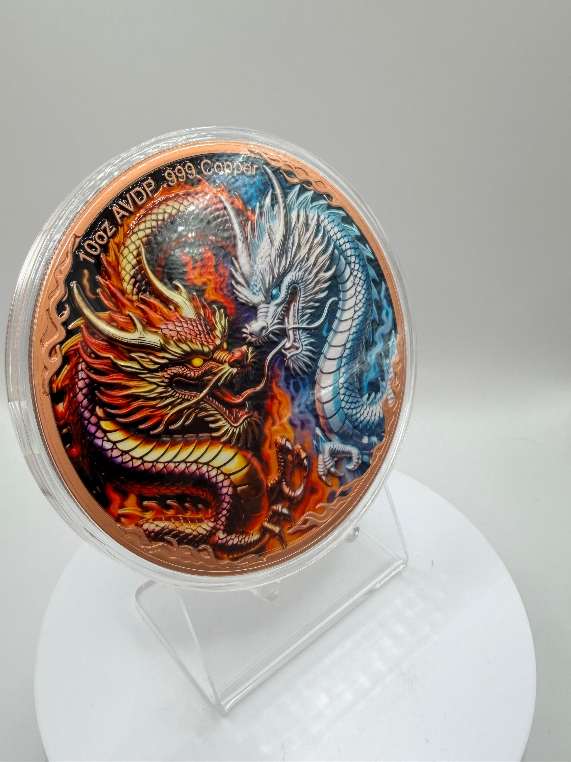 Reverse side fire and crystal themed copper round