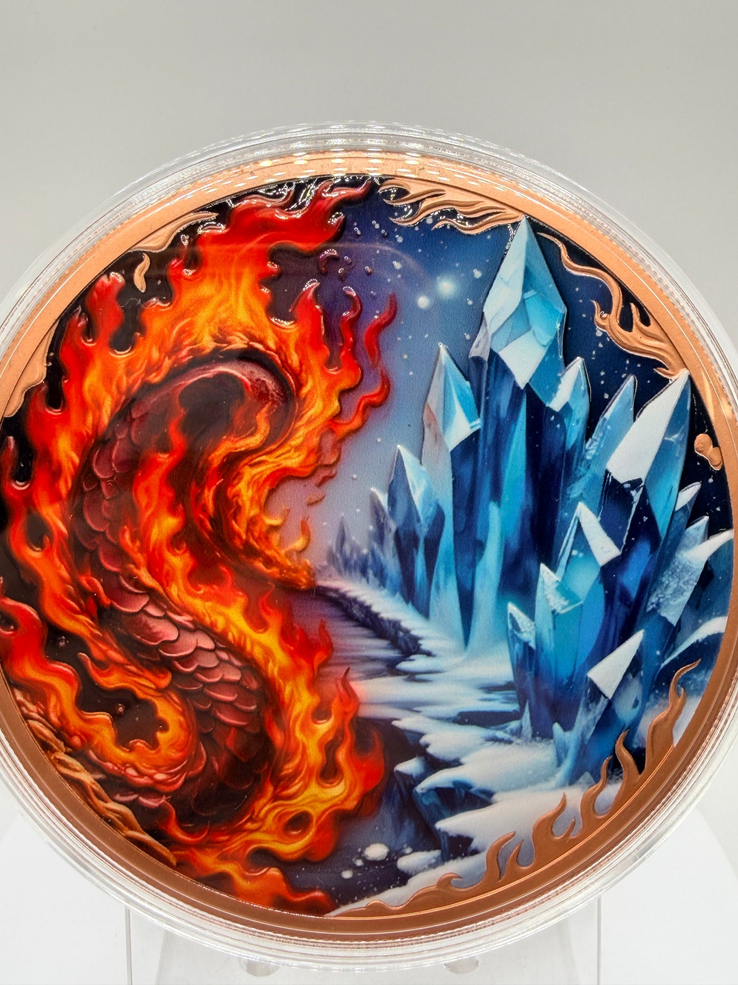 reverse side fire and crystal themed copper round