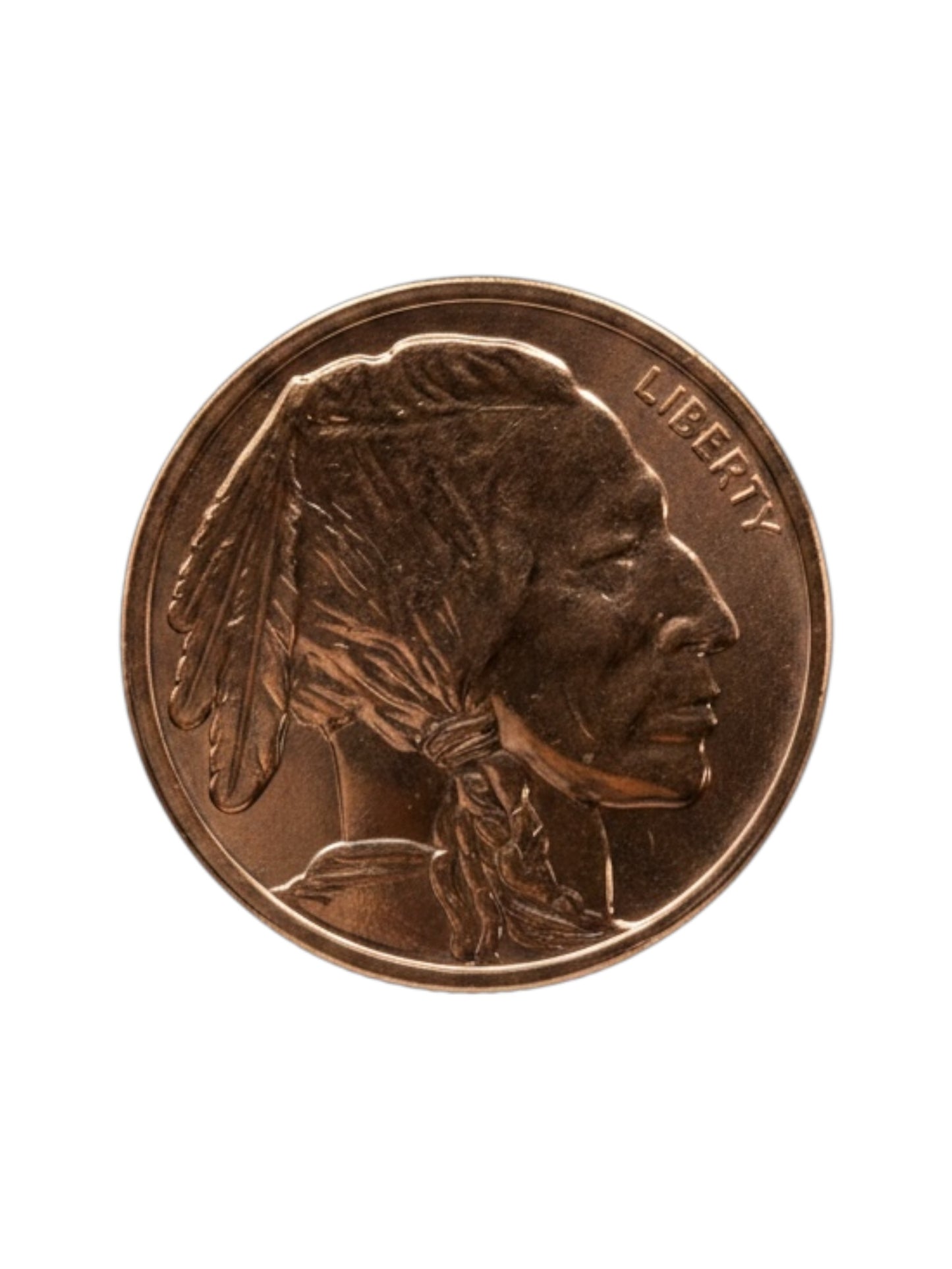 1 oz buffalo copper round obverse featuring native american profile struck in .999 fine copper bullion with brilliant mirrored finish