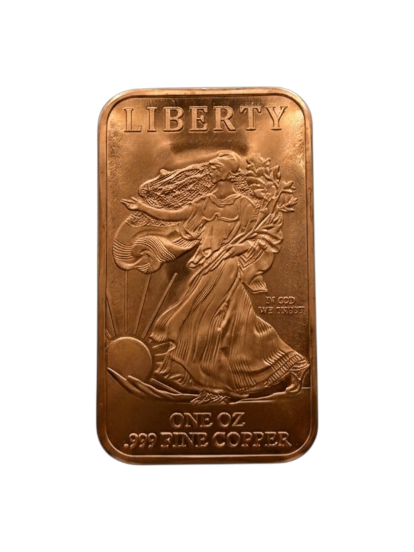 1 oz liberty copper bar featuring walking liberty design struck in .999 fine copper bullion