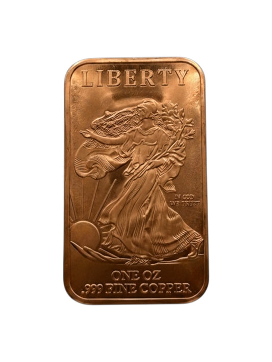 1 oz Liberty copper bar featuring Walking Liberty design struck in .999 fine copper bullion
