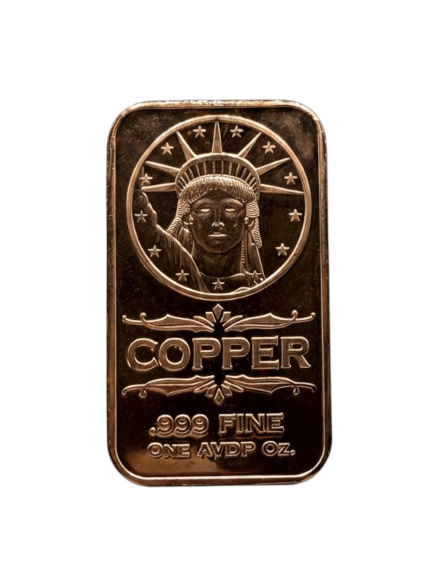1 oz liberty copper bullion bar featuring statue of liberty design struck in .999 fine copper