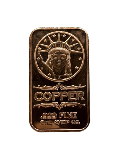1 oz Liberty copper bullion bar featuring Statue of Liberty design struck in .999 fine copper
