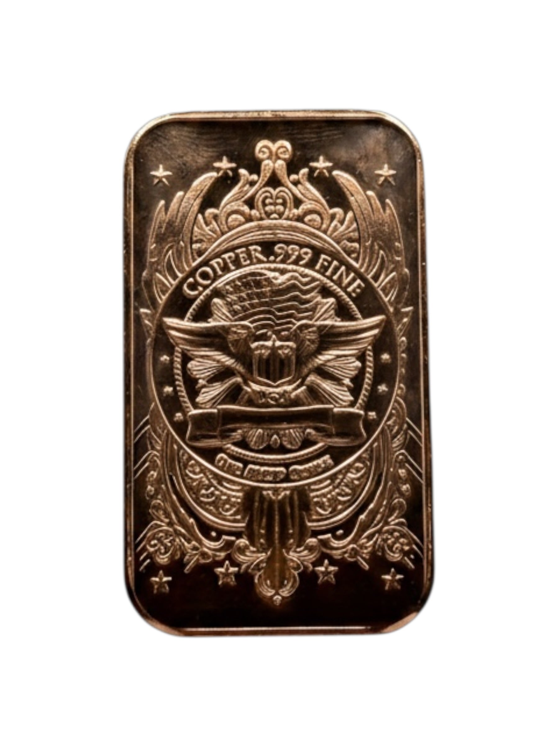 1 oz copper bullion bar reverse featuring USA eagle crest and patriotic engraved artwork
