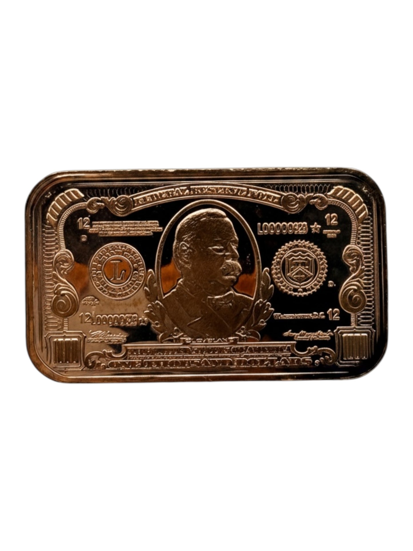 1 oz $1000 copper bullion bar featuring united states of america currency tribute design in .999 fine copper