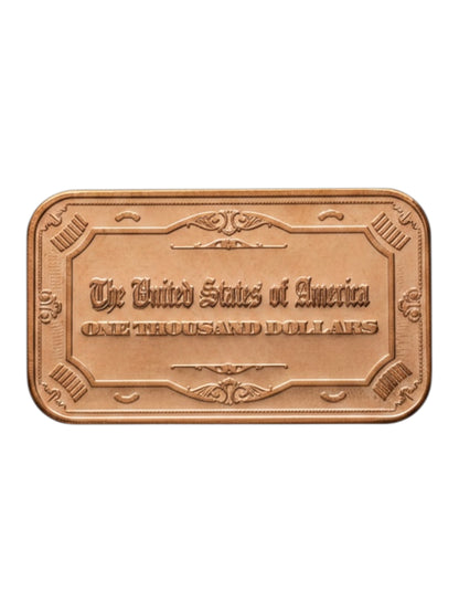1 oz copper bullion bar reverse featuring historic treasury note style engraving and portrait design