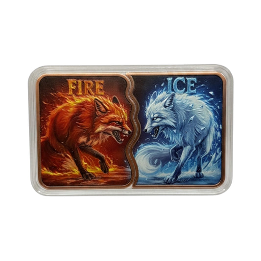 Fire and Ice Wolf 10 oz .999 copper bar in protective capsule front design