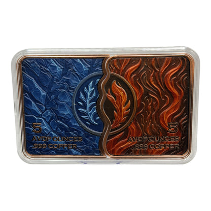 Reverse side of Fire and Ice Wolf copper bar marked 5 AVDP ounces .999 copper