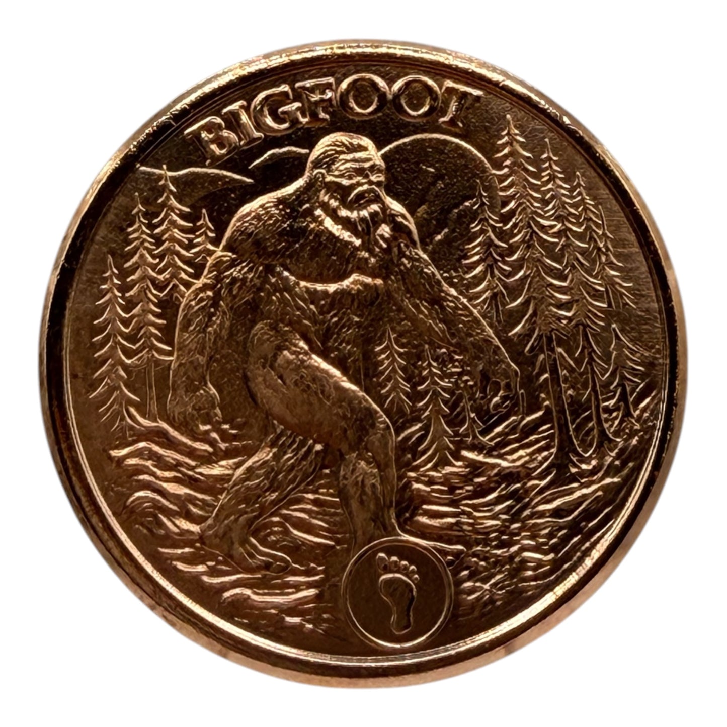 bigfoot 1oz .999 fine copper round with detailed forest scene artwork