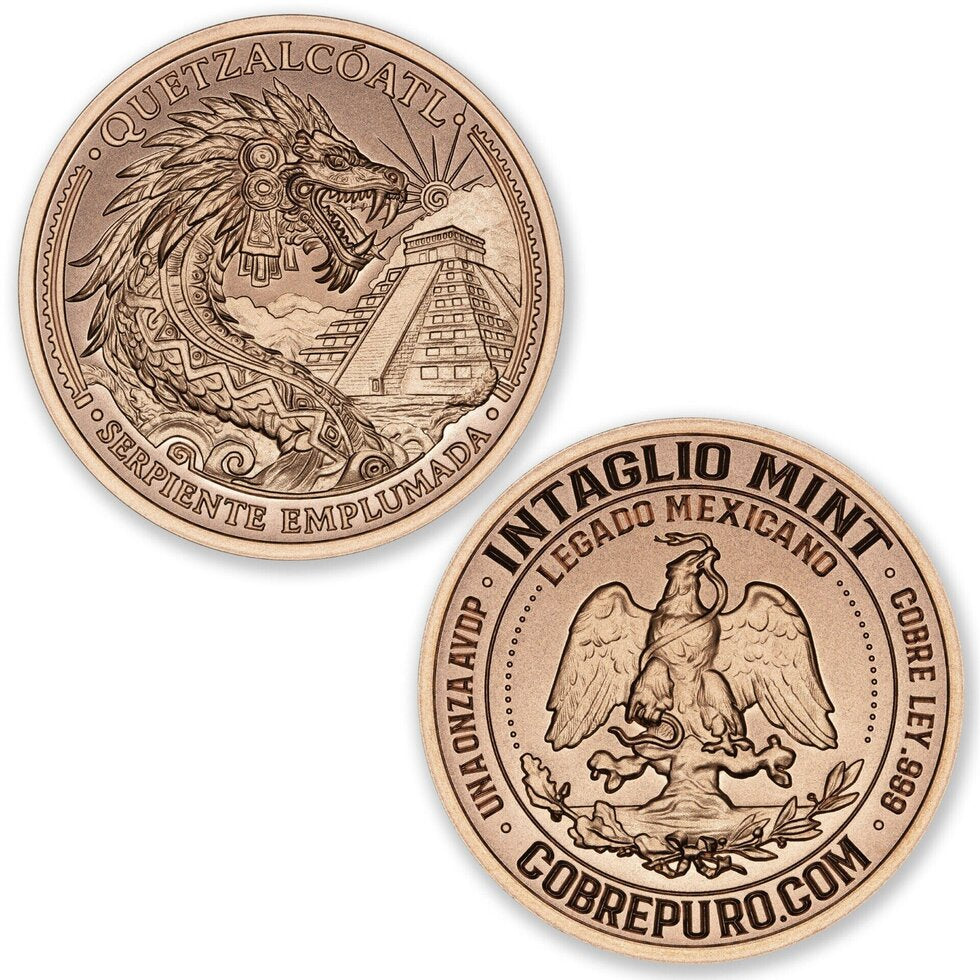 front of quetzalcóatl 1 oz .999 fine copper round in protective capsule