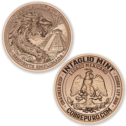 Front of Quetzalcóatl 1 oz .999 fine copper round in protective capsule