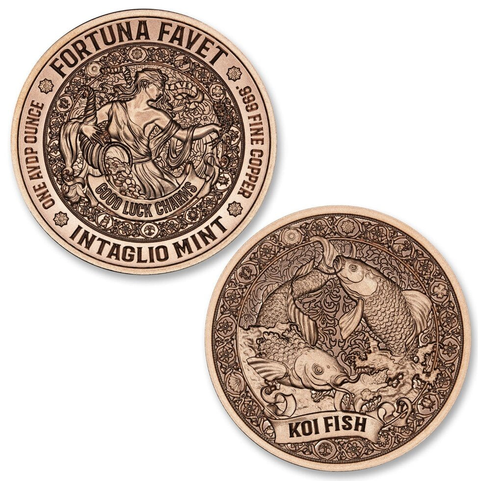 Fortuna Favet 1 oz copper round by Intaglio Mint with koi fish reverse