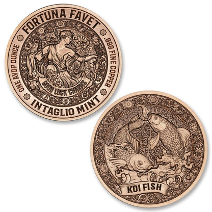 Fortuna Favet 1 oz copper round by Intaglio Mint with koi fish reverse